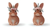 Brown bunnies wearing pink rose flower crowns with greenery, sitting symmetrically on white background, cute nursery art style illustration.