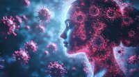 Glowing female profile silhouette surrounded by virus particles in pink and blue colors against dark background, depicting health concept and pandemic awareness.