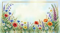 Watercolor wildflower border frame with poppies, cornflowers, daisies, and foxgloves, soft pastel background with copy space for text.