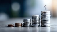 Miniature businessman standing on top of ascending stacks of silver coins, representing financial growth, investment success and wealth management strategy.