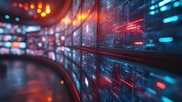 Futuristic curved digital wall with glowing data streams and numbers in red and blue neon lights creating dynamic technological atmosphere. Modern interface concept.