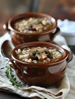 Homemade mushroom soup with rice and fresh herbs served in traditional brown ceramic bowls on rustic linen napkin, comfort food photography.