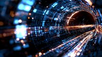 Futuristic digital tunnel with glowing blue and orange light streams creating a cybernetic wormhole effect for technology and data transfer concepts.