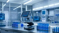 Modern laboratory microscope with digital display screen surrounded by blue test tubes in sterile research facility for scientific analysis and medical testing.