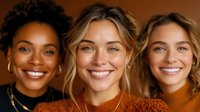 Three diverse young women with genuine smiles wearing autumn colored sweaters against brown background, expressing joy and friendship in casual lifestyle portrait.