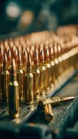 Rows of brass ammunition with copper tips lined up on dark surface, showcasing metallic gleam and precision manufacturing for hunting or sport shooting.