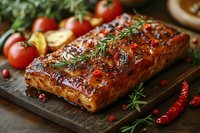 Grilled pork belly with crispy skin glazed in sweet sauce, garnished with fresh rosemary sprigs, chili peppers and cherry tomatoes on wooden cutting board.