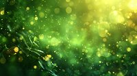 Magical green and gold bokeh background with glowing particles and light effects, perfect for nature-themed designs, spring celebrations, and festive decorations.