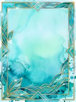 Turquoise watercolor background with ornate gold leaf border frame, isolated on white for design projects, invitations, and creative layouts.