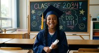 Happy African American female graduate in cap and gown holding diploma in classroom with Class of 2034 chalkboard celebrating academic achievement and success.
