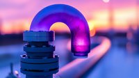 Industrial pipeline curved section glowing purple against sunset sky, metal pipe connector joint on blurred background of oil refinery or chemical plant.