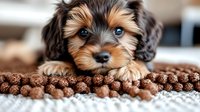 Adorable Yorkshire Terrier puppy with bright blue eyes lying on wooden beads, head resting on decorative brown prayer mala beads against light carpet background.
