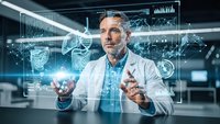 Middle-aged Caucasian male doctor in white coat interacting with futuristic holographic medical interface displaying brain scans and digital health data.