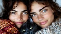 Close-up portrait of two young women with striking blue eyes and a black cat between them, showcasing friendship and companionship in a cozy setting.