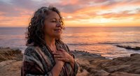 Mature African American woman with curly hair enjoying peaceful sunset moment on coastal cliff, expressing gratitude and serenity by ocean waves.