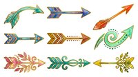 Colorful tribal and boho arrows with feather, chevron, and ornamental designs in green, gold, orange, and pink. Isolated clipart elements ready for graphic design, web projects, and decorative applications.