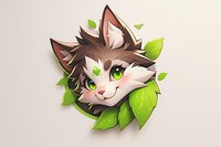 Cute cartoon cat face with bright green eyes surrounded by fresh spring leaves, smiling expression on isolated background for stickers and children designs.