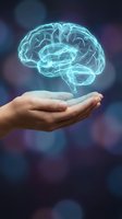 Glowing holographic brain floating above open palm representing artificial intelligence, mental health, neuroscience and cognitive technology concepts.