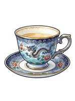 Ornate teacup and saucer with dragon motif, blue and gold decorative patterns, floral details, isolated on white background for design use.