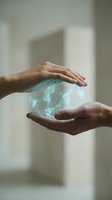 Hands protecting glowing digital network sphere with connected nodes representing global connectivity, cybersecurity, data protection and technology innovation.