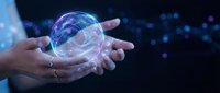 Hands holding glowing digital sphere with network connections and data visualization against dark background for technology presentations.