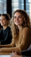 Young Caucasian woman with curly hair smiling during business meeting in modern office. Professional teamwork and collaboration concept for corporate presentations.