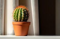 Round spiky green cactus in traditional terracotta pot on white windowsill with dramatic shadows and natural lighting, minimalist home decor composition.