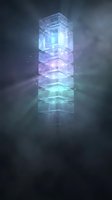 Glowing transparent cubes stacked vertically with magical light effects and particles for futuristic technology and blockchain concepts.