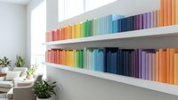 Colorful rainbow books arranged on white floating shelves in modern bright interior creating organized library display for home decor and reading space.