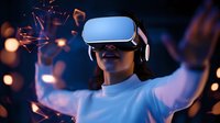 Young Asian woman experiencing virtual reality with VR headset, reaching out with hands in immersive digital environment with glowing particles and bokeh lights.
