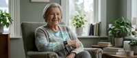 Senior Caucasian woman relaxing in comfortable armchair at home, smiling warmly while reading book. Cozy living room interior with plants and natural light.