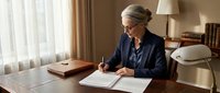 Senior woman with gray hair and glasses, wearing dark blazer, writing at wooden desk in home office with warm lighting and traditional decor, suitable for business, professional, and lifestyle content.