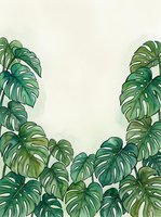 Monstera deliciosa leaves with natural splits and holes arranged on cream background, isolated botanical design element suitable for home decor, wallpaper, and print projects.