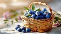 Fresh blueberries in wicker basket with green leaves on rustic linen cloth, soft natural lighting for food photography.