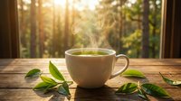 Steaming cup of green tea on rustic wooden table with fresh leaves, warm sunlight, and forest background creating a calm morning mood.