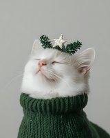 White cat wearing green knitted sweater with Christmas star and pine branches on head against neutral background, expressing contentment with closed eyes.