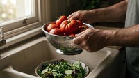 Caucasian male hands holding colander with fresh ripe tomatoes over sink with green salad, preparing healthy meal in kitchen near window with natural light.