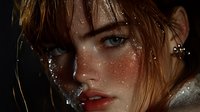 Young woman with freckles, wet red hair and bright blue eyes in dramatic close-up portrait with water drops and glitter on face against dark background.