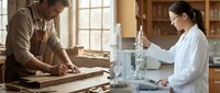 Male carpenter in brown shirt working with wood at workbench and female scientist in white lab coat conducting research with glass equipment in laboratory setting.