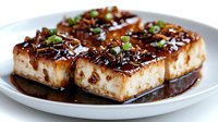 Creamy cheesecake squares topped with rich chocolate sauce and fresh green herbs on white plate. Decadent dessert ready for bakery menu or food blog content.