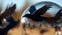 Flying black raven reflected in crystal glass sphere against blurred natural background, mystical atmospheric composition with dark bird silhouette.