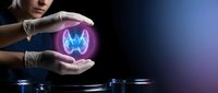 Medical professional in gloves protecting glowing thyroid gland hologram. Healthcare technology concept for endocrinology and hormone treatment solutions.