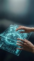 Hands interacting with futuristic holographic interface displaying global network connections and data visualization for technology presentations.