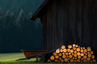 Stacked firewood logs against dark wooden barn wall in evening light, with wheelbarrow and misty forest background creating rustic countryside atmosphere.