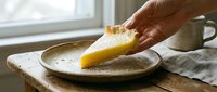 Hand holding slice of fresh lemon cake on ceramic plate near window with coffee cup, homemade dessert for breakfast or afternoon tea time.