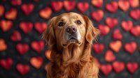 Golden Retriever dog against dark background with red glowing heart bokeh pattern. Valentine's day pet portrait with romantic mood and soft lighting.