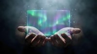 Hands holding glowing holographic display with green and purple aurora borealis light effect, representing technology, innovation, and future digital solutions for business presentations.