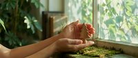 Hands gently holding small green plant sprout by sunny window with houseplants, symbolizing growth, care and nurturing new life in home environment.