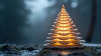 Glowing wooden Christmas tree made of stacked circular discs with warm LED lights creating magical holiday atmosphere on forest floor with bokeh background.