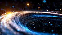 Glowing spiral of blue and gold light particles against dark background creates dynamic motion effect with bokeh and sparkle elements for cosmic designs.